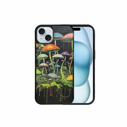 iPhone 15 Plus Case — Rainbow Drip Mushrooms Black Green Ink, Original Design Phone Case