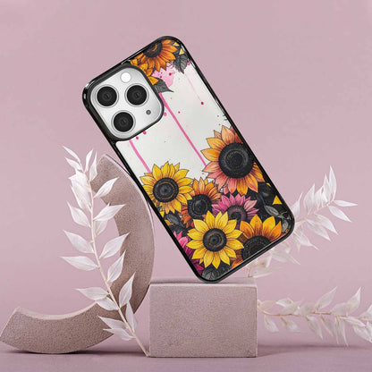 iPhone 15 Pro Max Case — Sunflower Burst Black Pink Ink Sunflowers, Personalized Phone Case