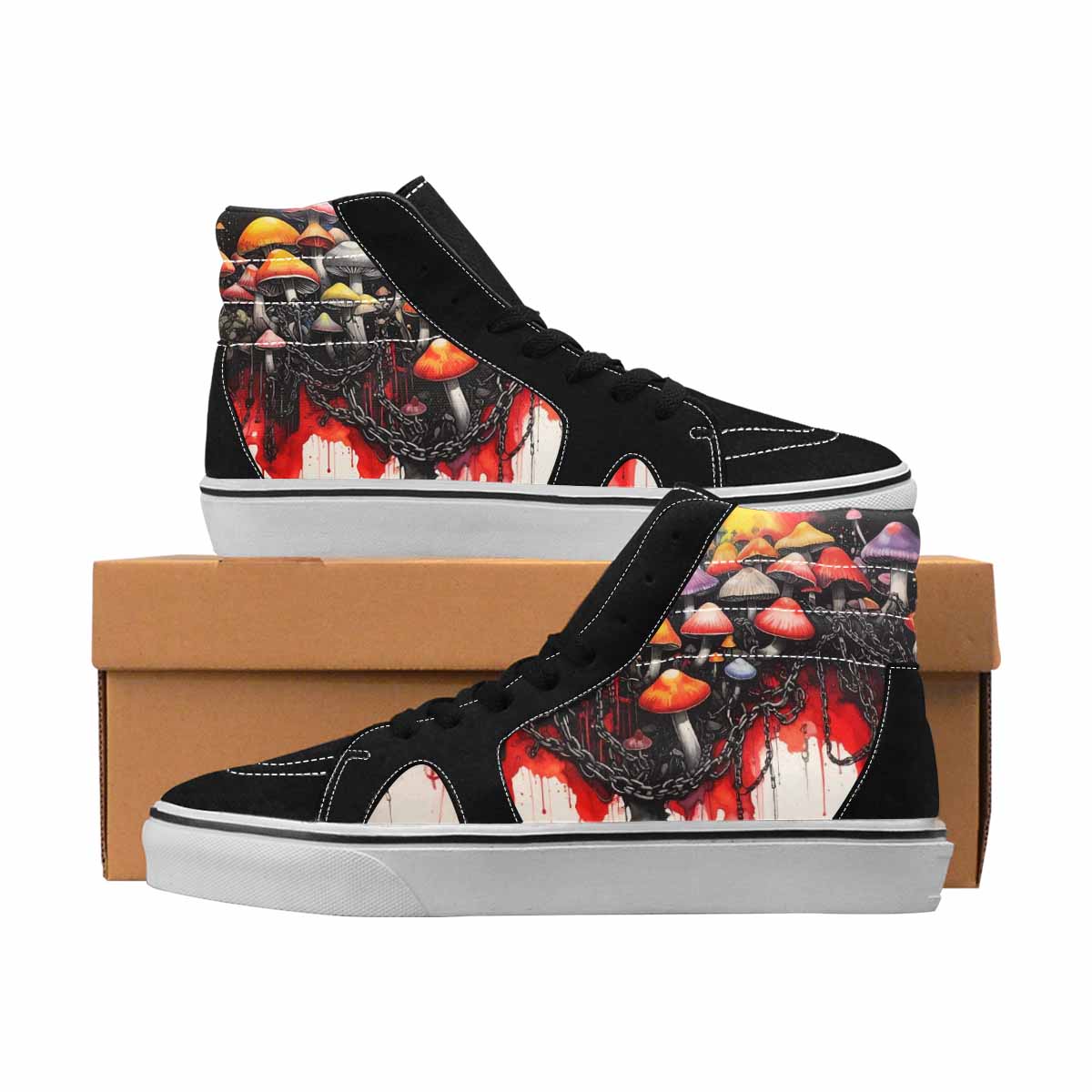 MEN'S Mushrooms Black & Red Ink High Top Canvas Custom Design Neon Fantasy All Over Print Shoes