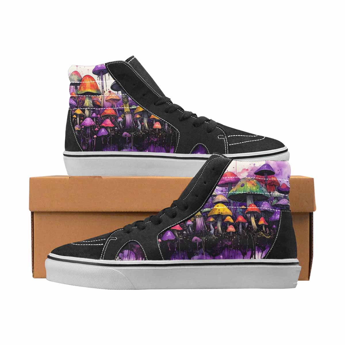 WOMEN'S Mushrooms Black & Purple Ink High Top Canvas Custom Fashion Melting Art Custom Kicks