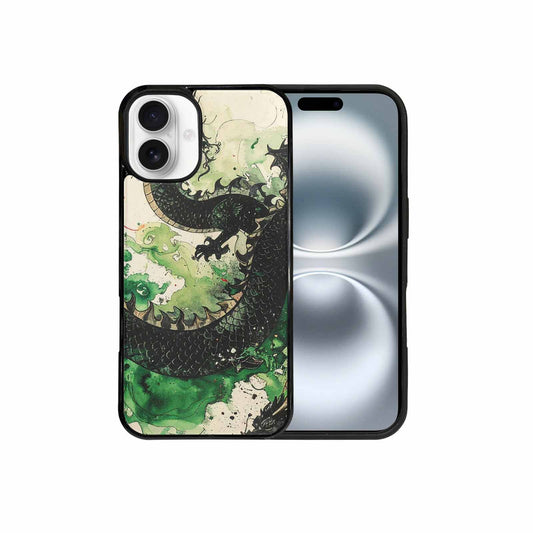 iPhone 16 Plus Case — Dragon Scale Black Green Ink Dragons, Custom Art Phone Cover