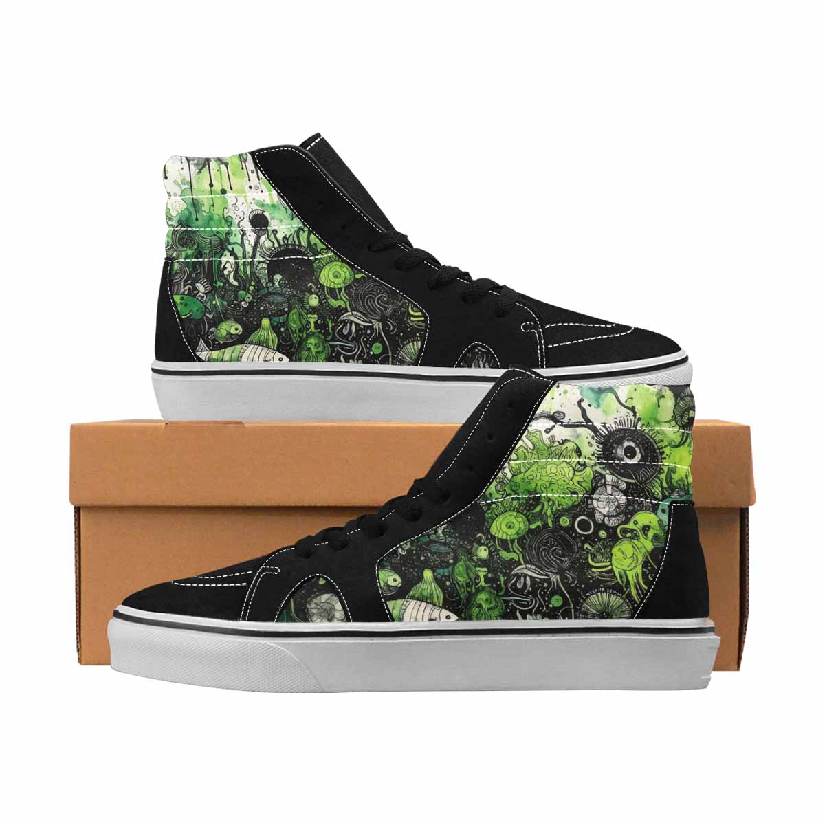 MEN'S Sea Creatures Black & Green Ink High Top Canvas Artist-designed Dark Academia Custom Streetwear Shoes