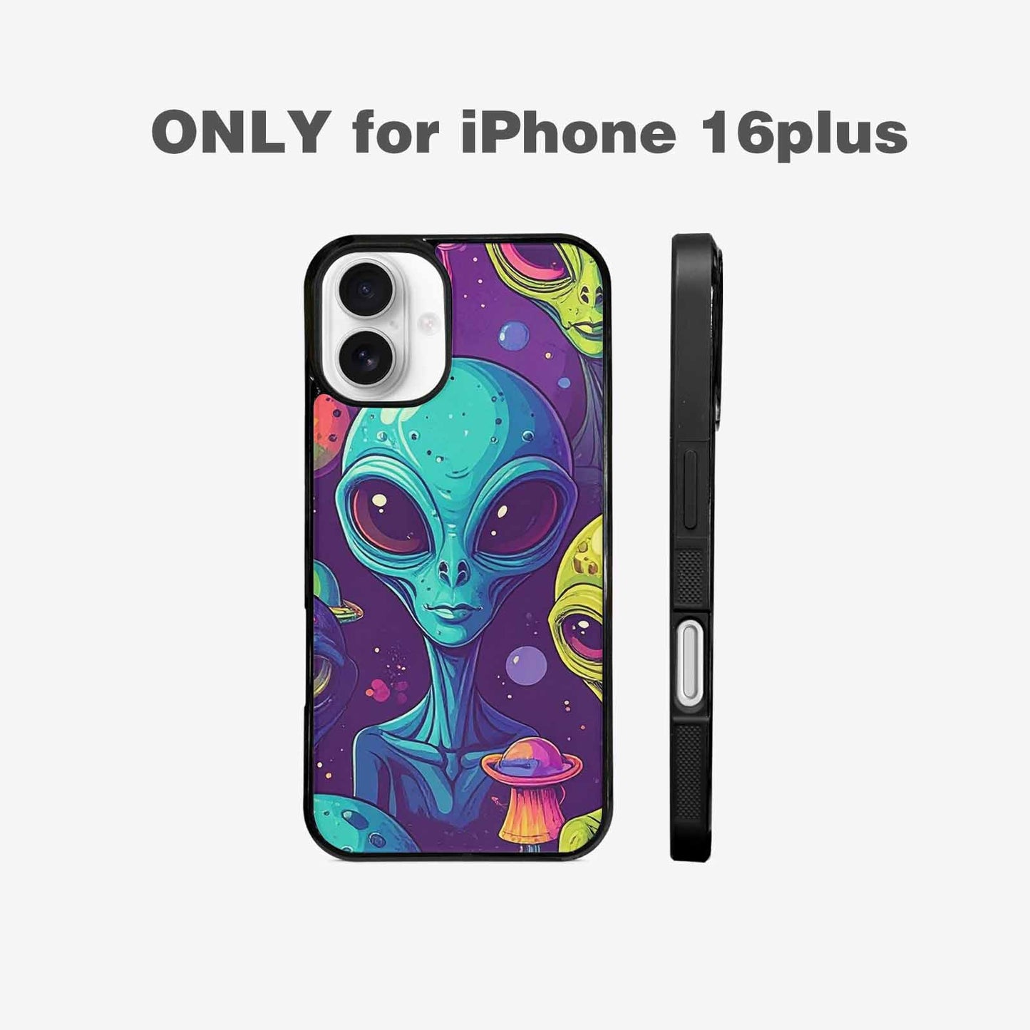 iPhone 16 Plus Case — Alien Ufo Cartoon Art Pattern Groovy, Personalized Phone Case
