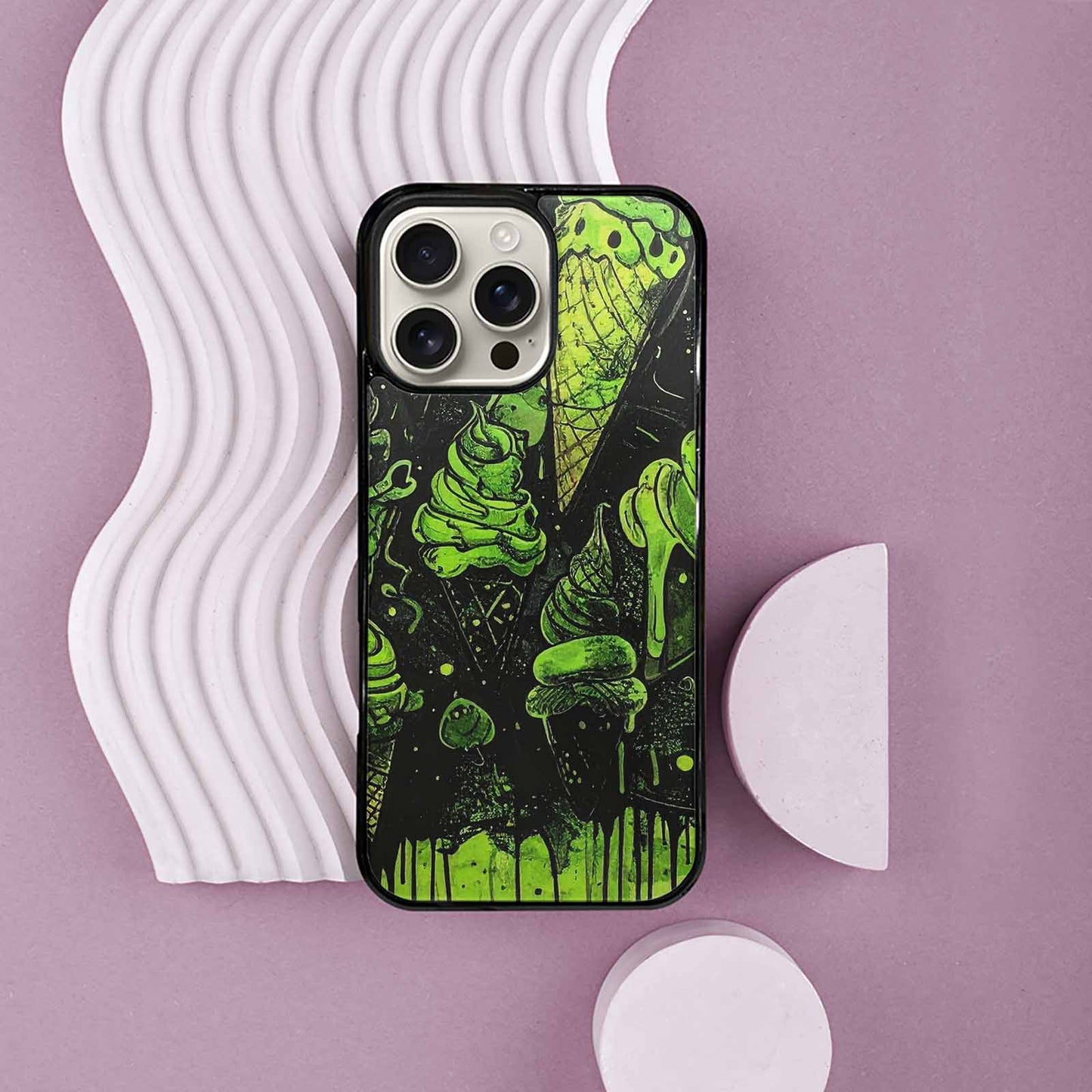 iPhone 16 Pro Max Case — Ice Cream Motif Black Green Ink, Custom Made Phone Cover