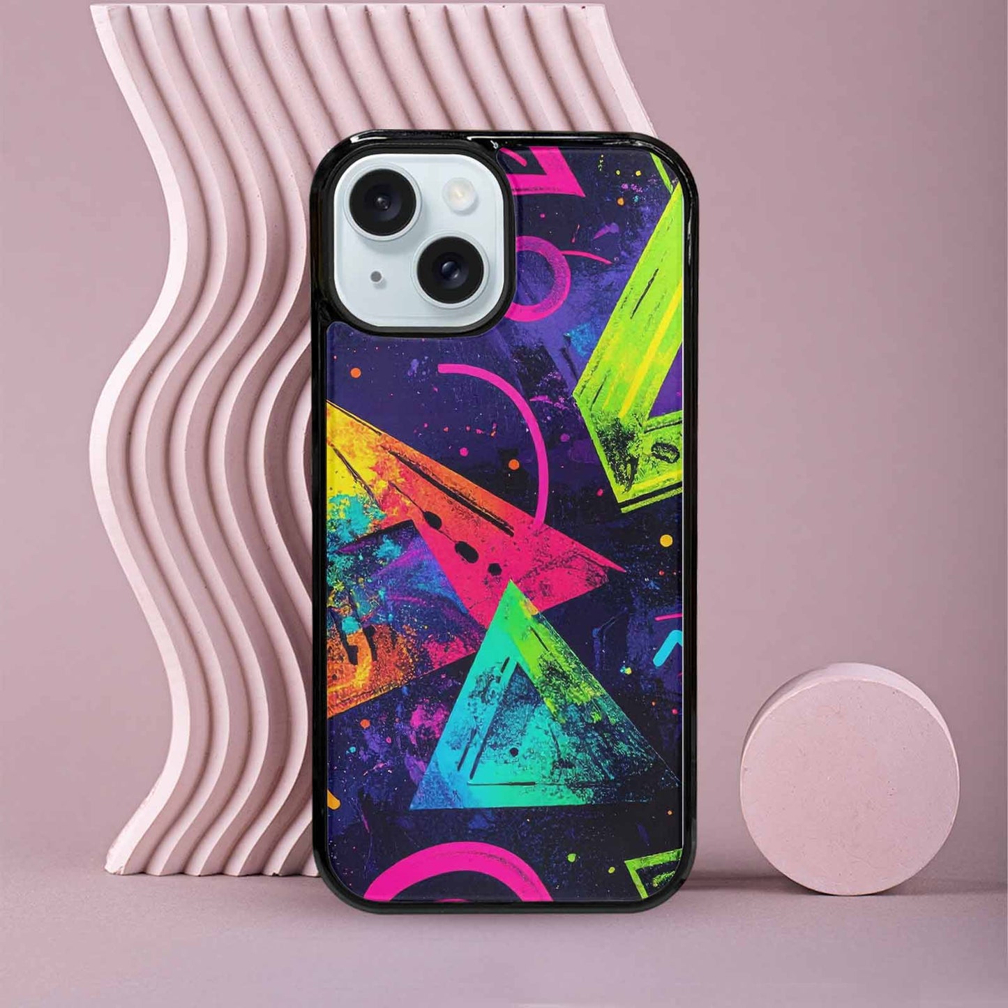 iPhone 15 Case — Memphis Squiggles Triangles Dots, Custom Print Case Cover