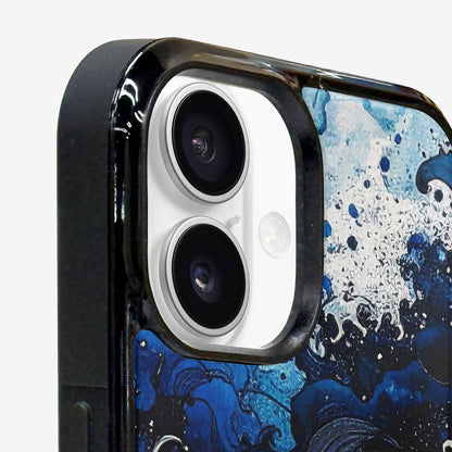 iPhone 16 Case — Nautical Wave Black Blue Ink Wave, Custom Phone Case