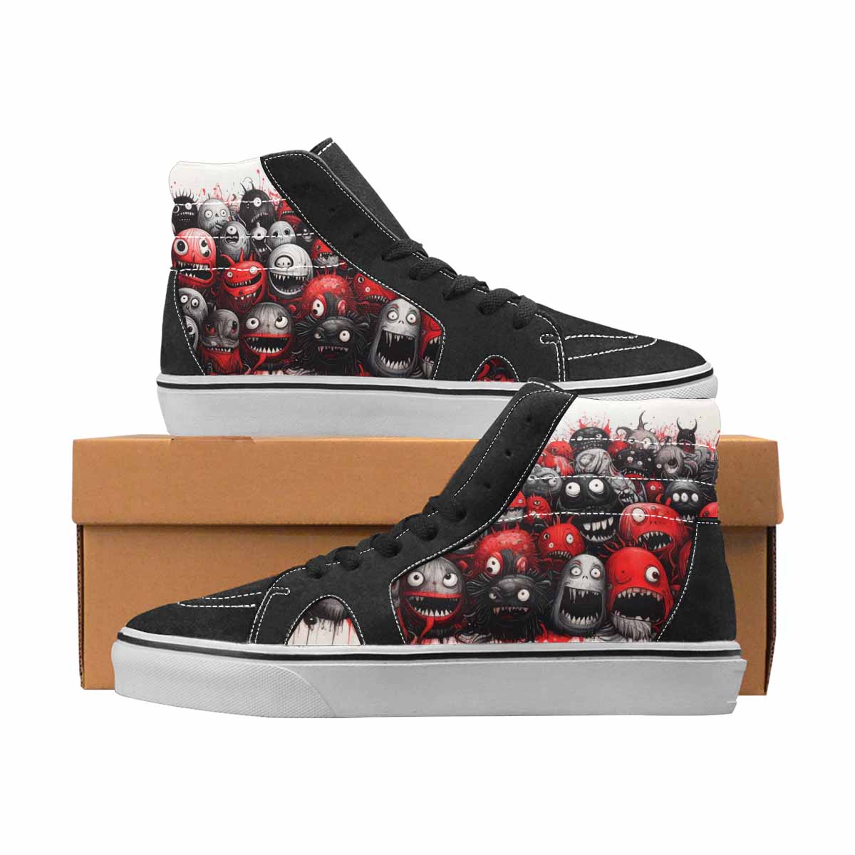 WOMEN'S Monsters Black & Red Ink High Top Canvas Bold Print Grunge Custom Kicks