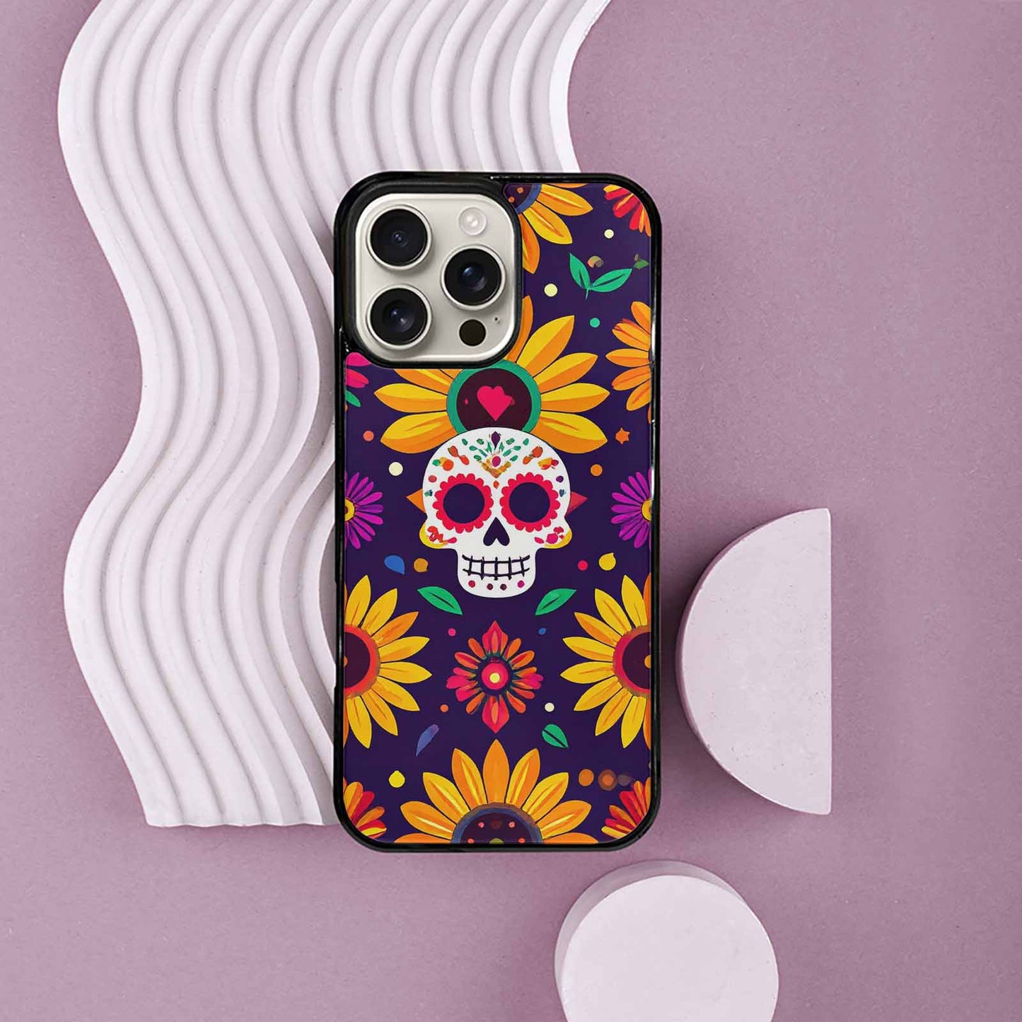 iPhone 16 Pro Max Case — Sunflowers Hundreds Of Skulls Art Seamless, Custom Made Phone Cover