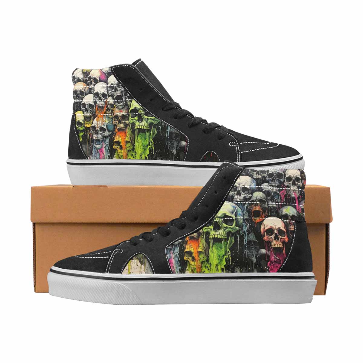 WOMEN'S Skulls Black & Green Ink High Top Canvas Custom Fashion Aesthetic Original Art Sneakers