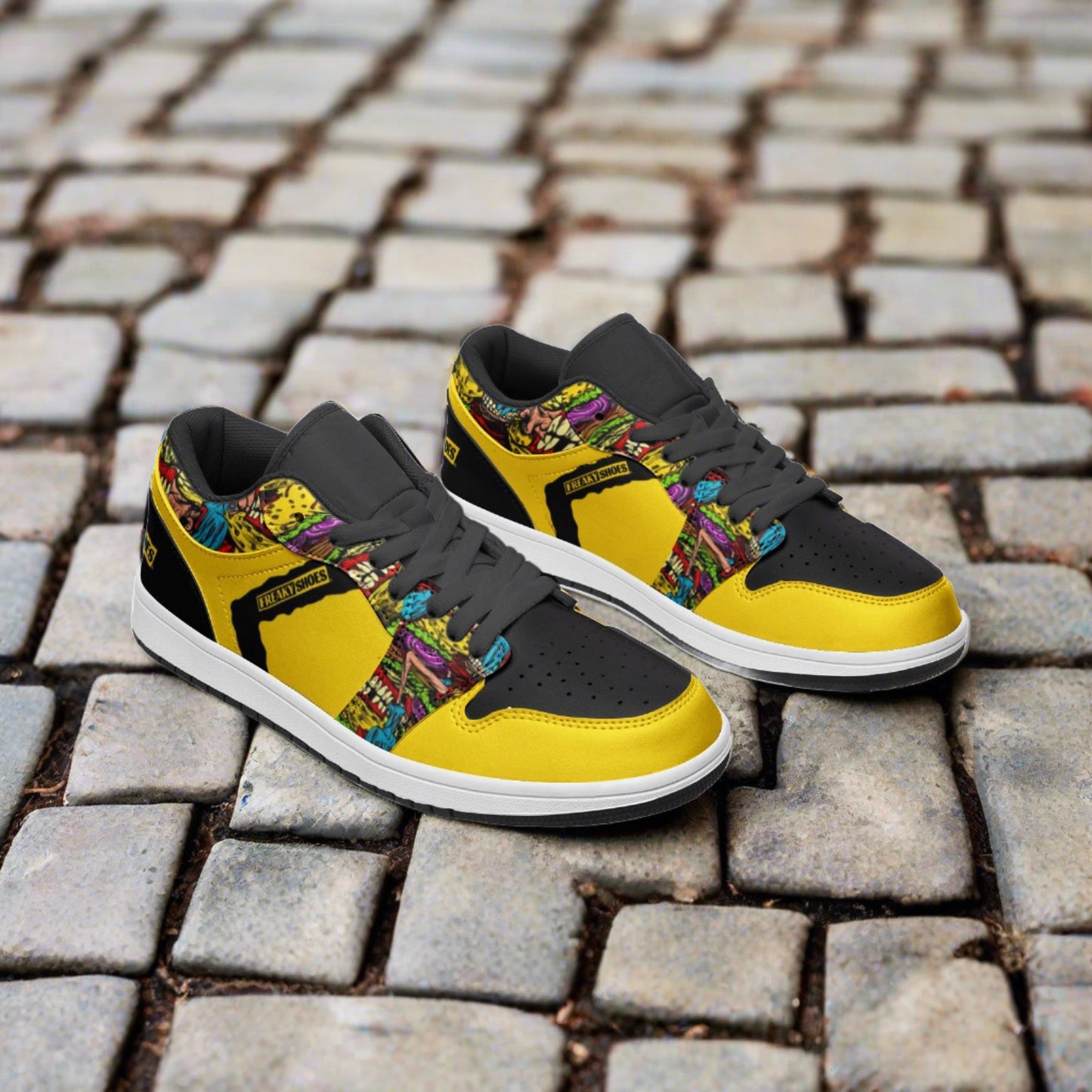 Freaky Shoes® Zapatillas bajas unisex de cuero Freestyle Art en negro y amarillo