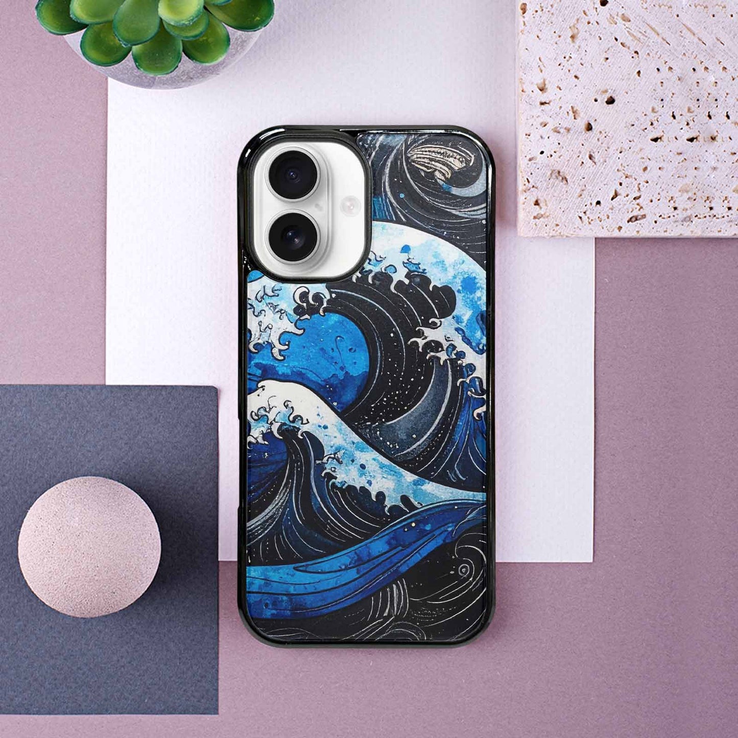iPhone 16 Case — Nautical Wave Black Blue Ink Wave, Custom Made Phone Cover