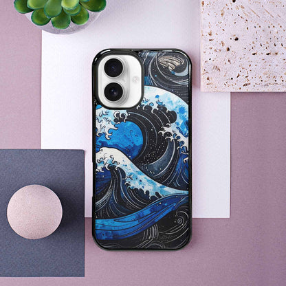 iPhone 16 Case — Nautical Wave Black Blue Ink Wave, Custom Made Phone Cover