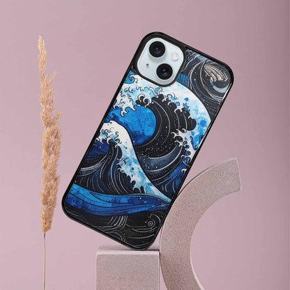iPhone 15 Plus Case — Nautical Wave Black Blue Ink Wave, Personalized Phone Case