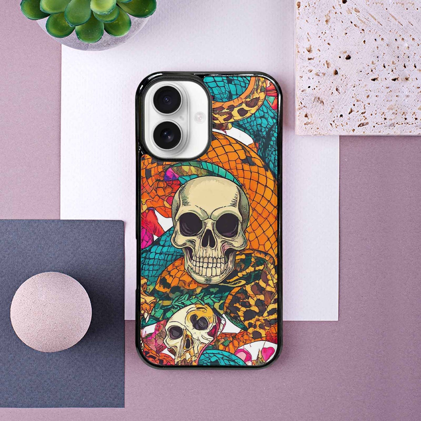 iPhone 16 Case — Snake Print Skull, Custom Art Phone Cover
