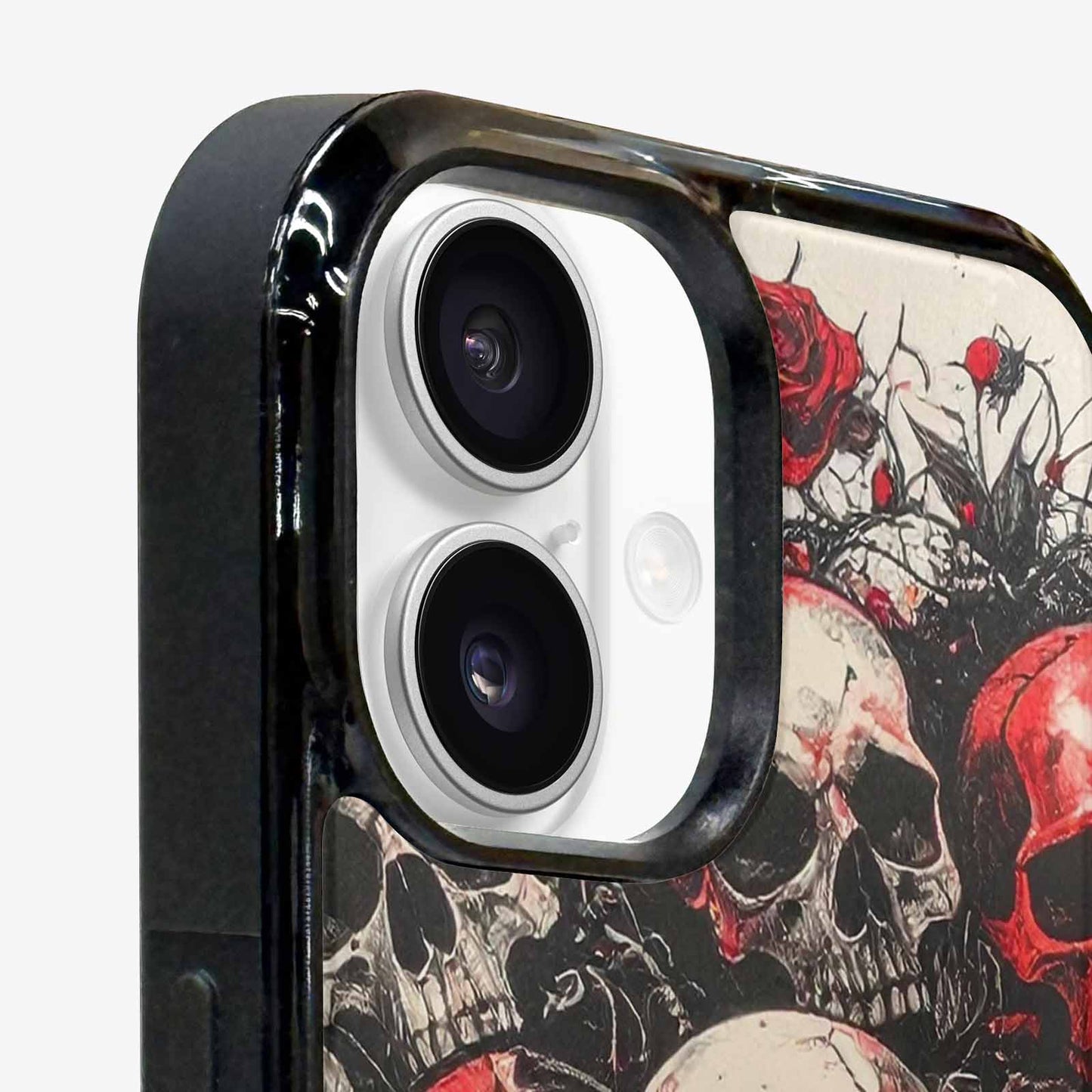 iPhone 16 Case — Skull And Roses Black Red Ink, Custom Printed Phone Case