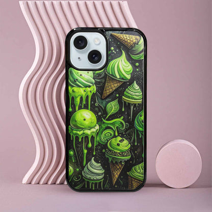 iPhone 15 Case — Ice Cream Motif Black Green Ink, Personalized Phone Case