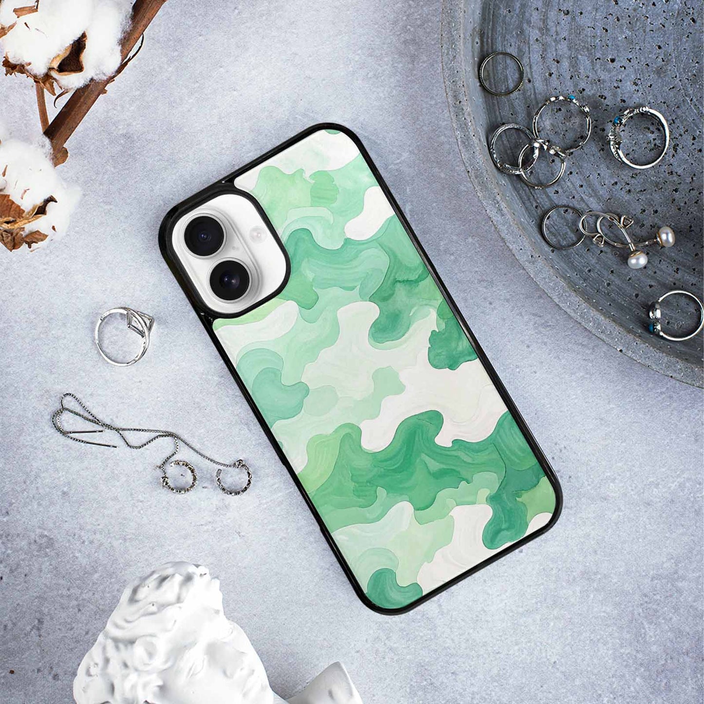 iPhone 16 Plus Case — Camo Mint Green White, Personalized Phone Case