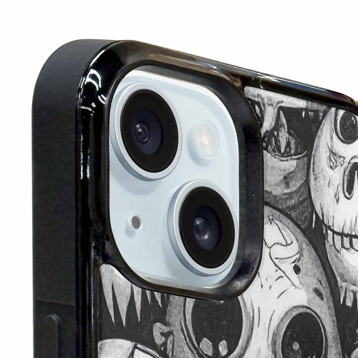 iPhone 15 Plus Case — Black And White Monster Face Collage, Custom Print Case Cover