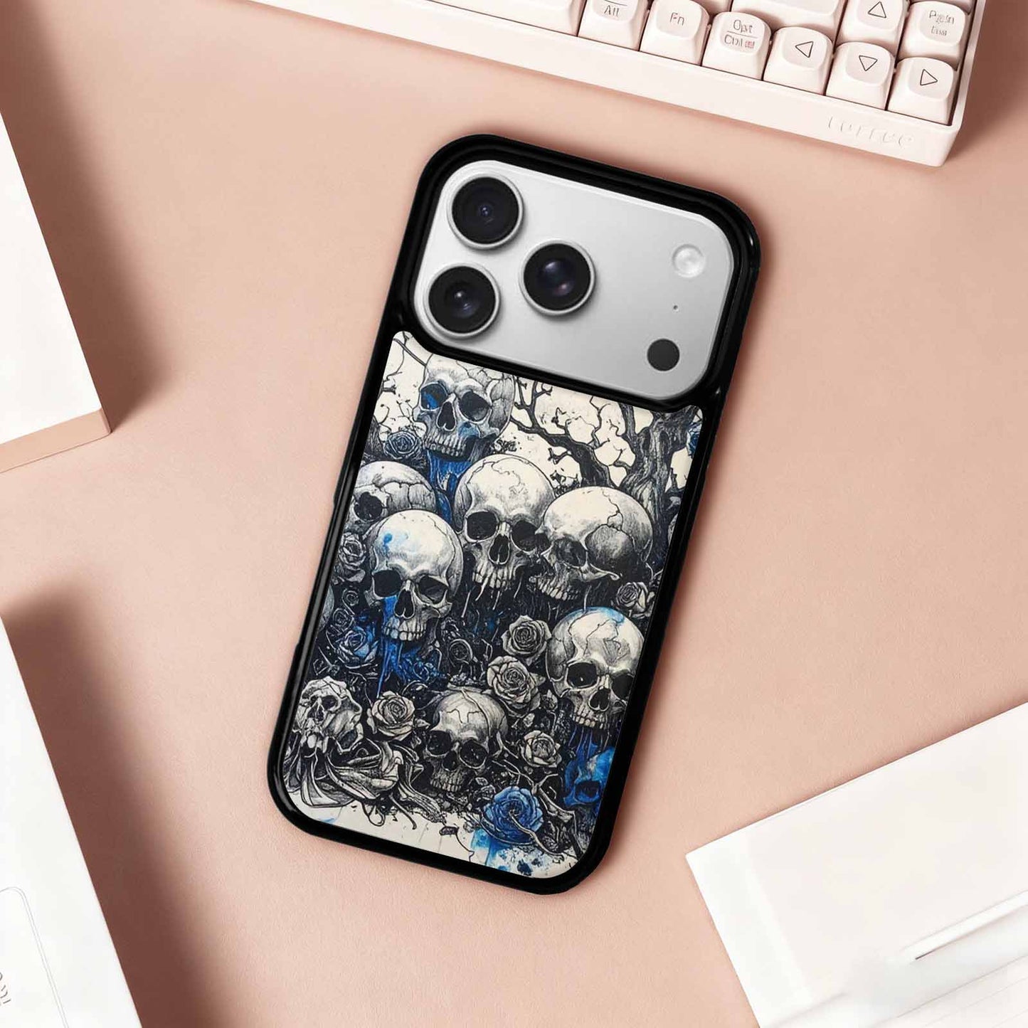 iPhone 17 Pro Case — Black Blue Ink Skull And Gothic, Custom Art Phone Cover