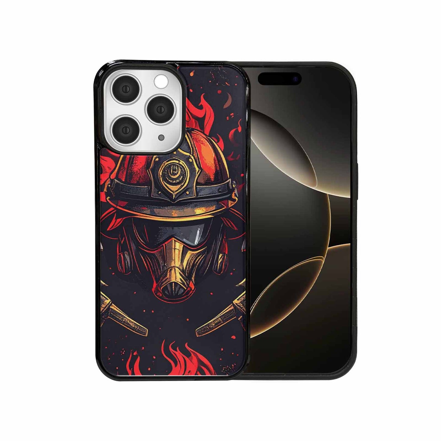 iPhone 15 Pro Max Case — Firefighter Pattern Flames Axes Helmets Seamless, Custom Made Phone Cover