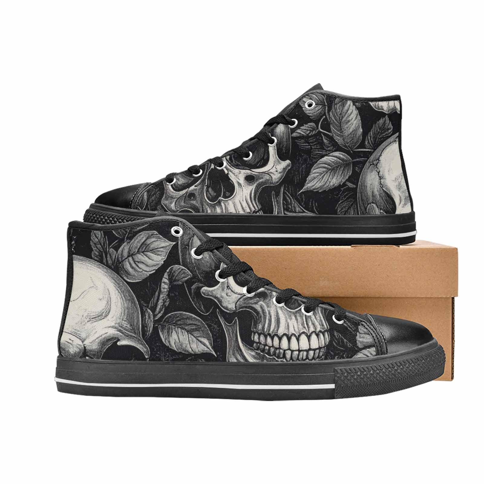 MEN'S Skulls Roses Black Ink High Top Canvas Grunge Sneakers