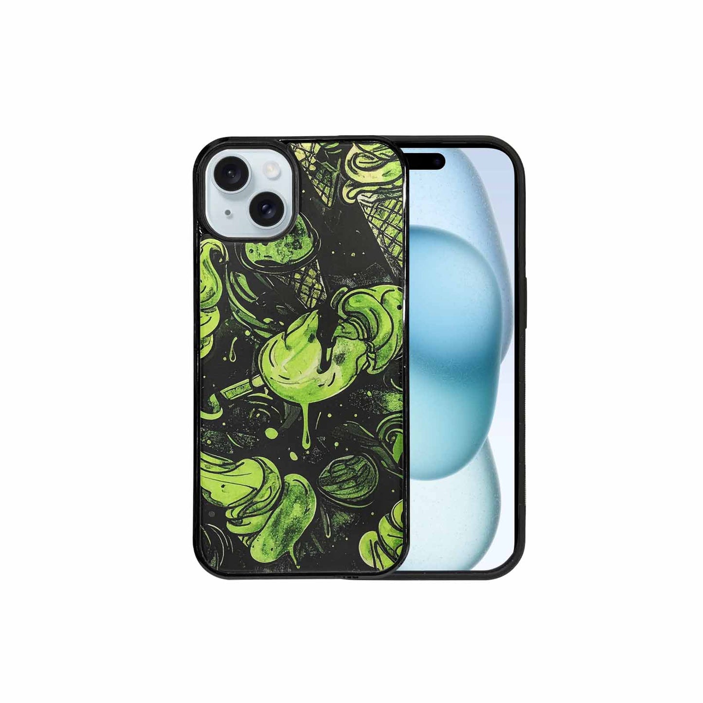 iPhone 15 Plus Case — Ice Cream Motif Black Green Ink, Custom Phone Case