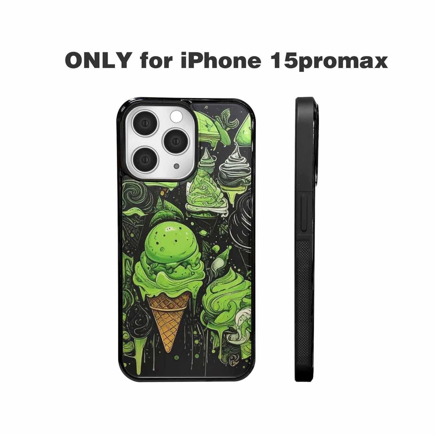 iPhone 15 Pro Max Case — Ice Cream Motif Black Green Ink, Custom Printed Phone Case