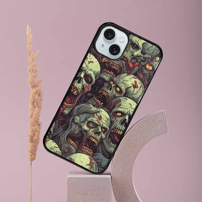 iPhone 15 Plus Case — Zombie Head Pattern Hundreds Of Small, Custom Printed Phone Case