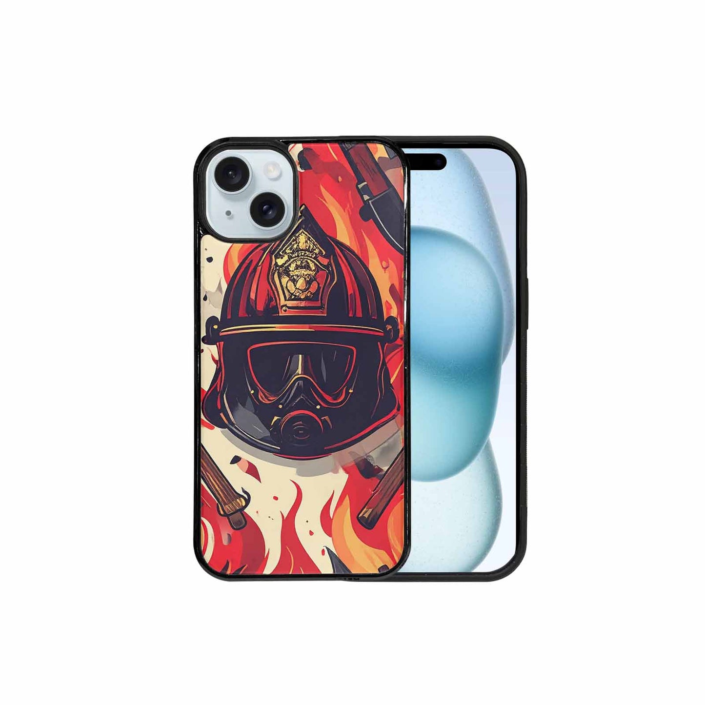 iPhone 15 Plus Case — Firefighter Pattern Flames Axes Helmets Seamless, Custom Print Case Cover