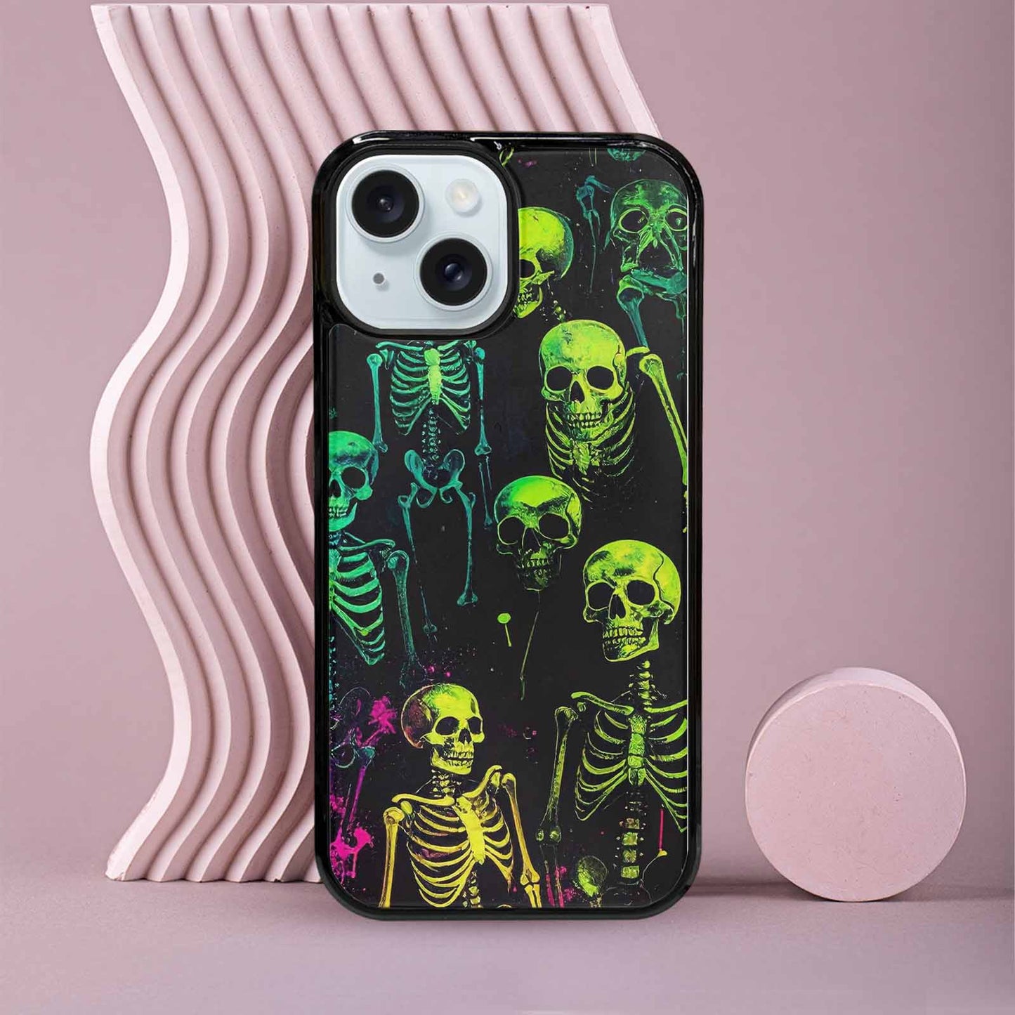 iPhone 15 Case — Skeletons Neon Green Glowskele, Custom Art Phone Cover
