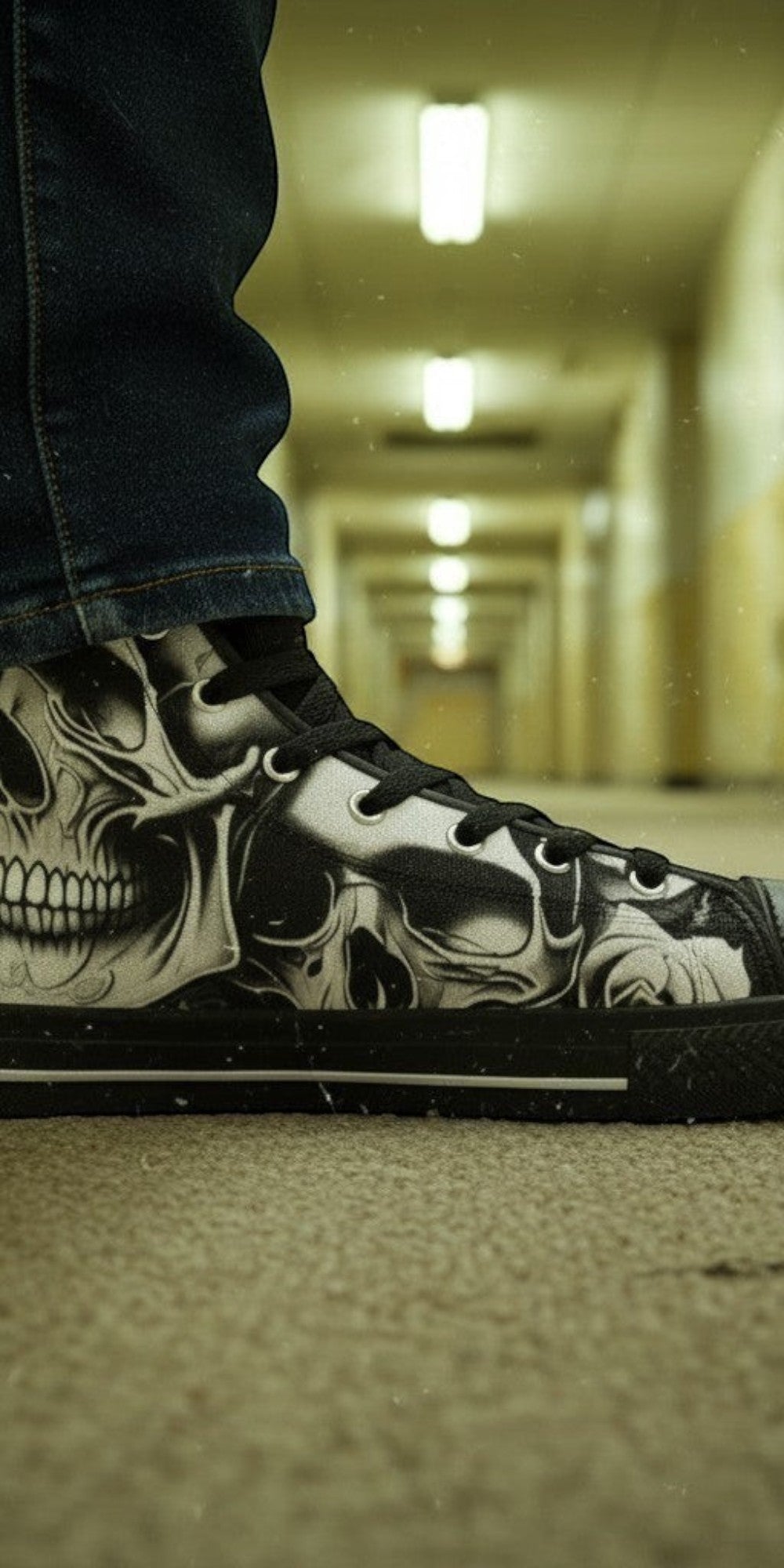 Men's Cartoon Skulls & Roses high-top canvas shoes, custom full-wrap printed design — Freaky Shoes