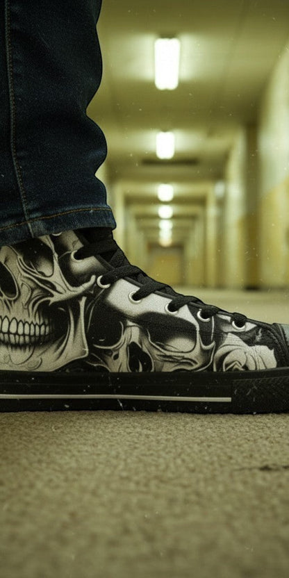Men's Cartoon Skulls & Roses high-top canvas shoes, custom full-wrap printed design — Freaky Shoes