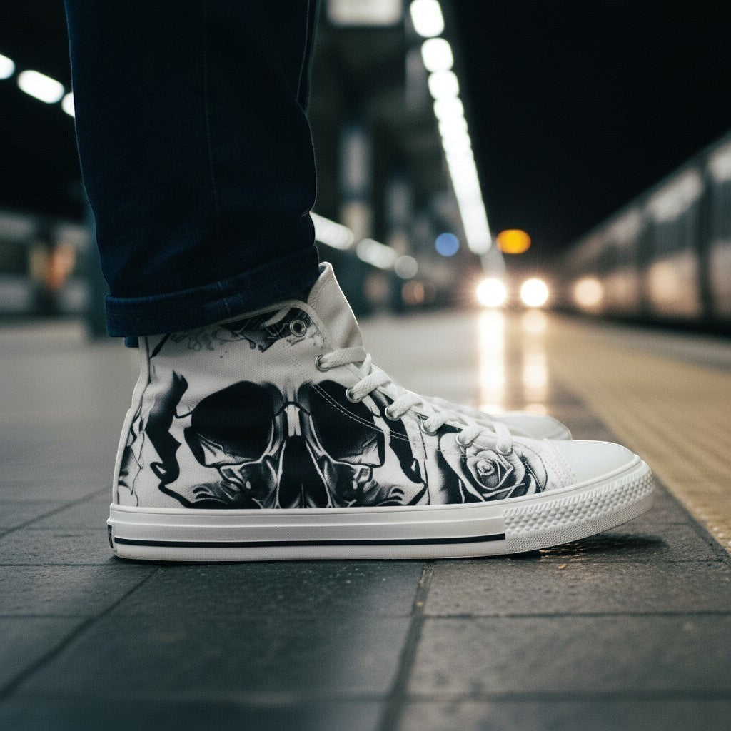 Men's Grey Skull & Roses Black & White high-top canvas shoes — one-of-a-kind custom printed art, Freaky Shoes