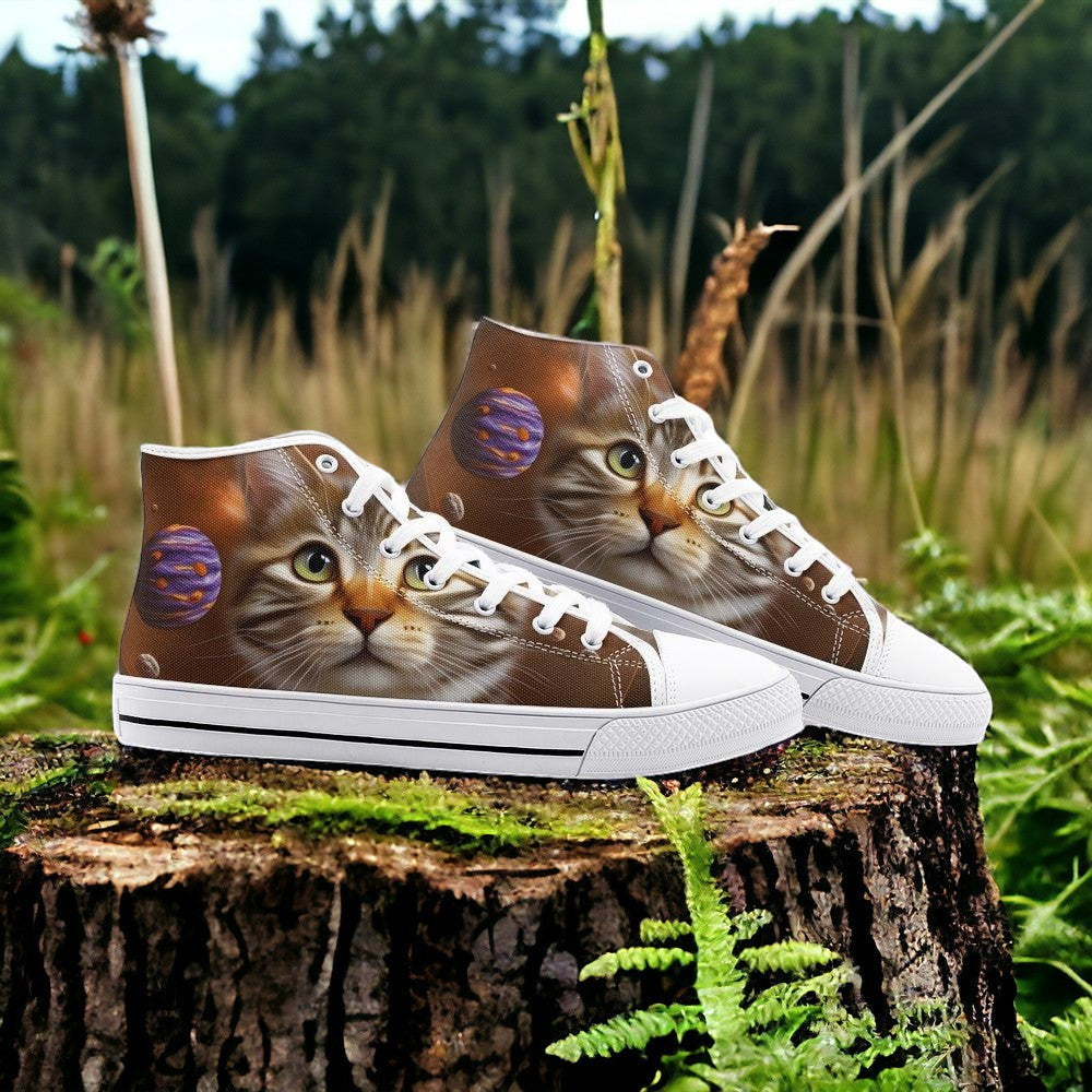 Space Kitten high-top canvas shoes, custom full-wrap printed design — Freaky Shoes