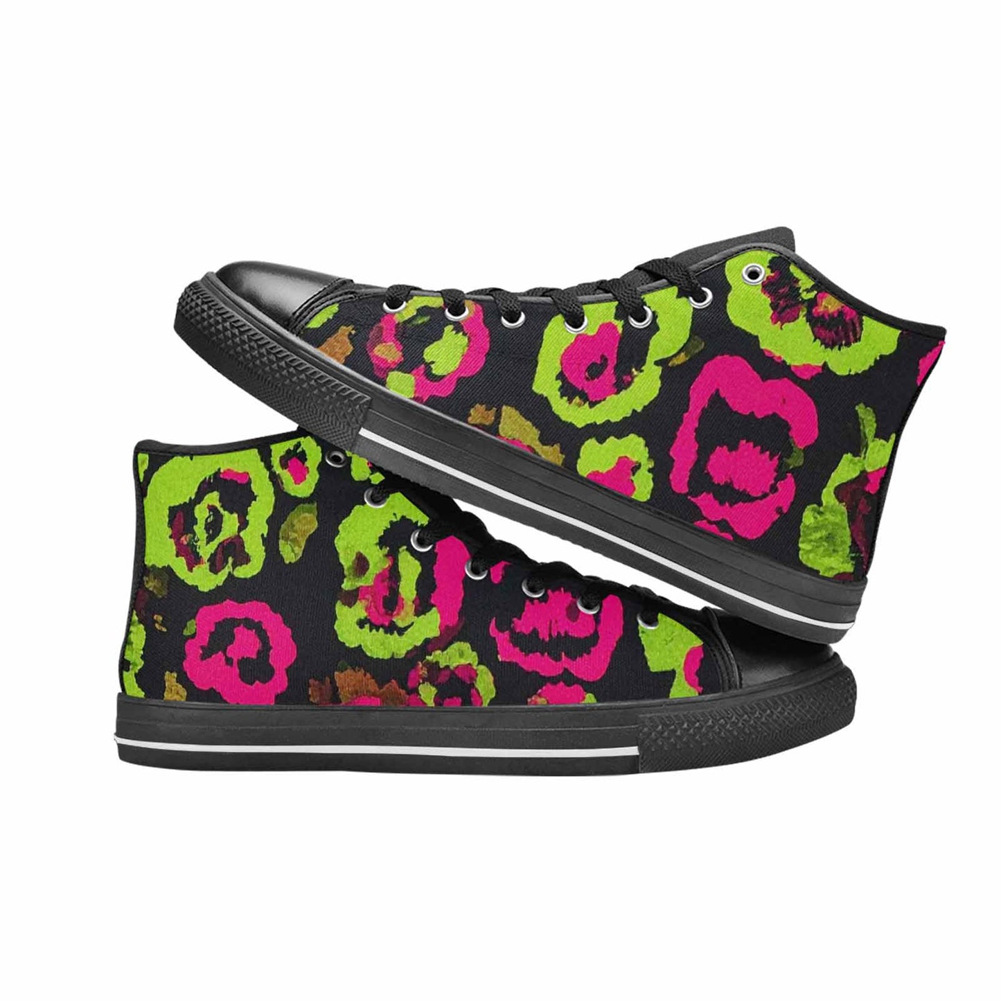 WOMEN'S Leopard Neon Rosette Black High Top Canvas Neon Fantasy Custom Sneakers
