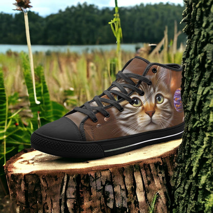 Space Kitten hand-made high-top canvas shoes — unique wearable art by Freaky Shoes