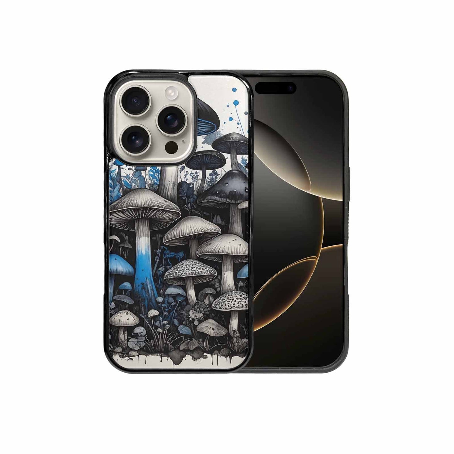iPhone 16 Pro Case — Mushrooms General Black Blue Ink Mushrooms, Custom Print Case Cover