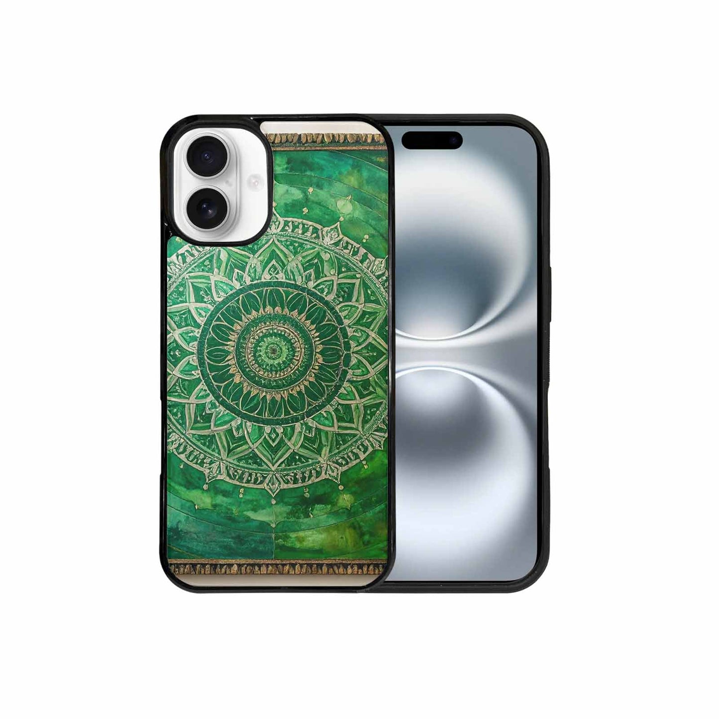 iPhone 16 Plus Case — Green Mandala Bohemian Print Edge To, Custom Made Phone Cover