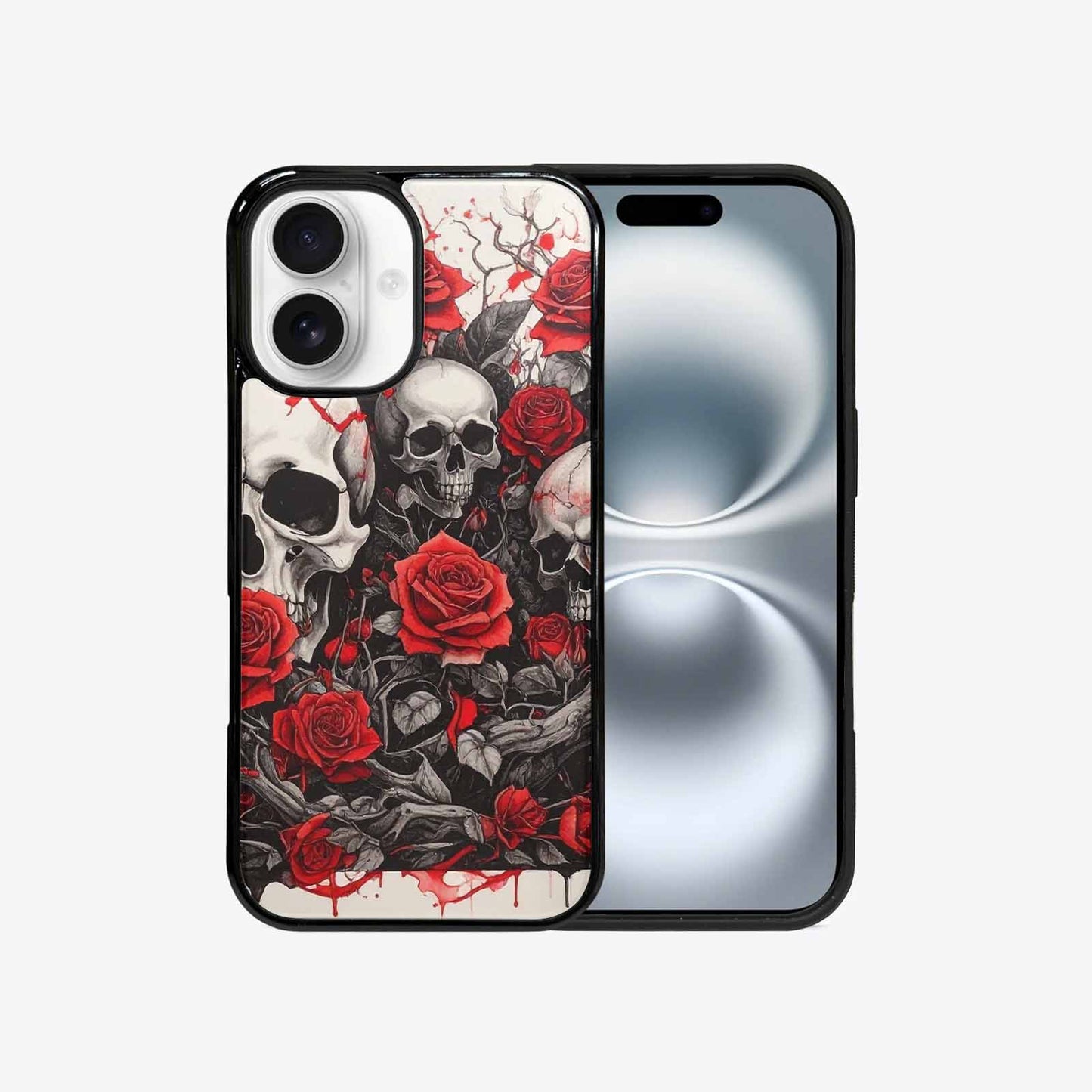 iPhone 16 Case — Skull And Roses Black Red Ink, Customized Protective Case