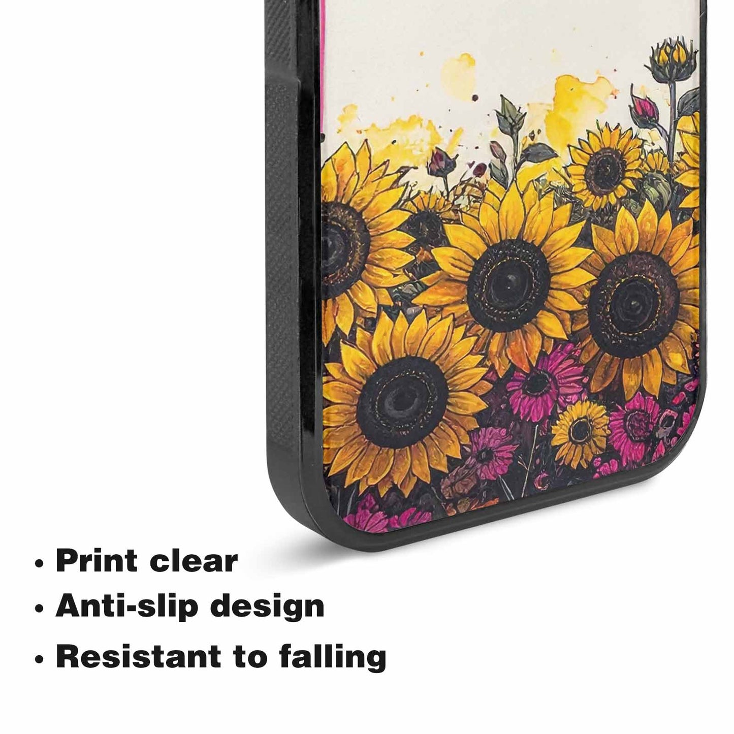 iPhone 15 Case — Sunflower Burst Black Pink Ink Sunflowers, Custom Phone Case