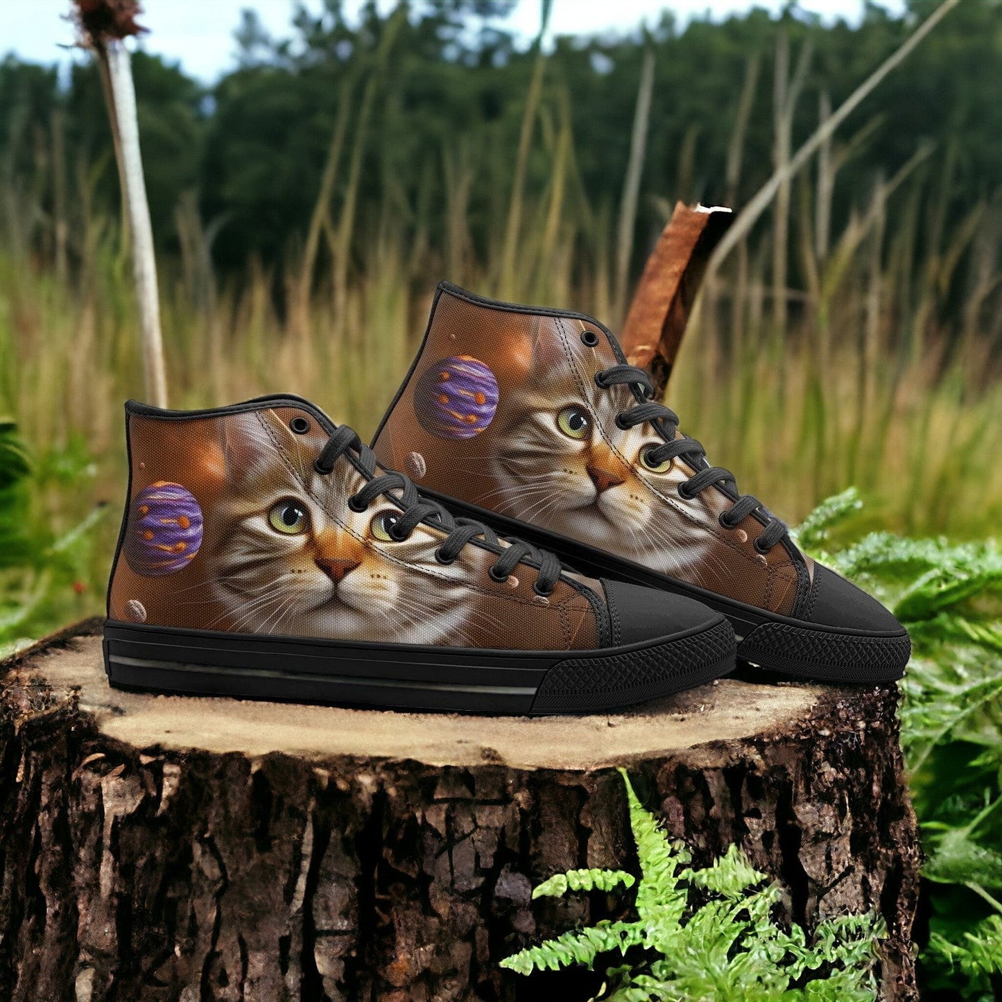 Custom Space Kitten high-top canvas shoes with bold all-over art — Freaky Shoes