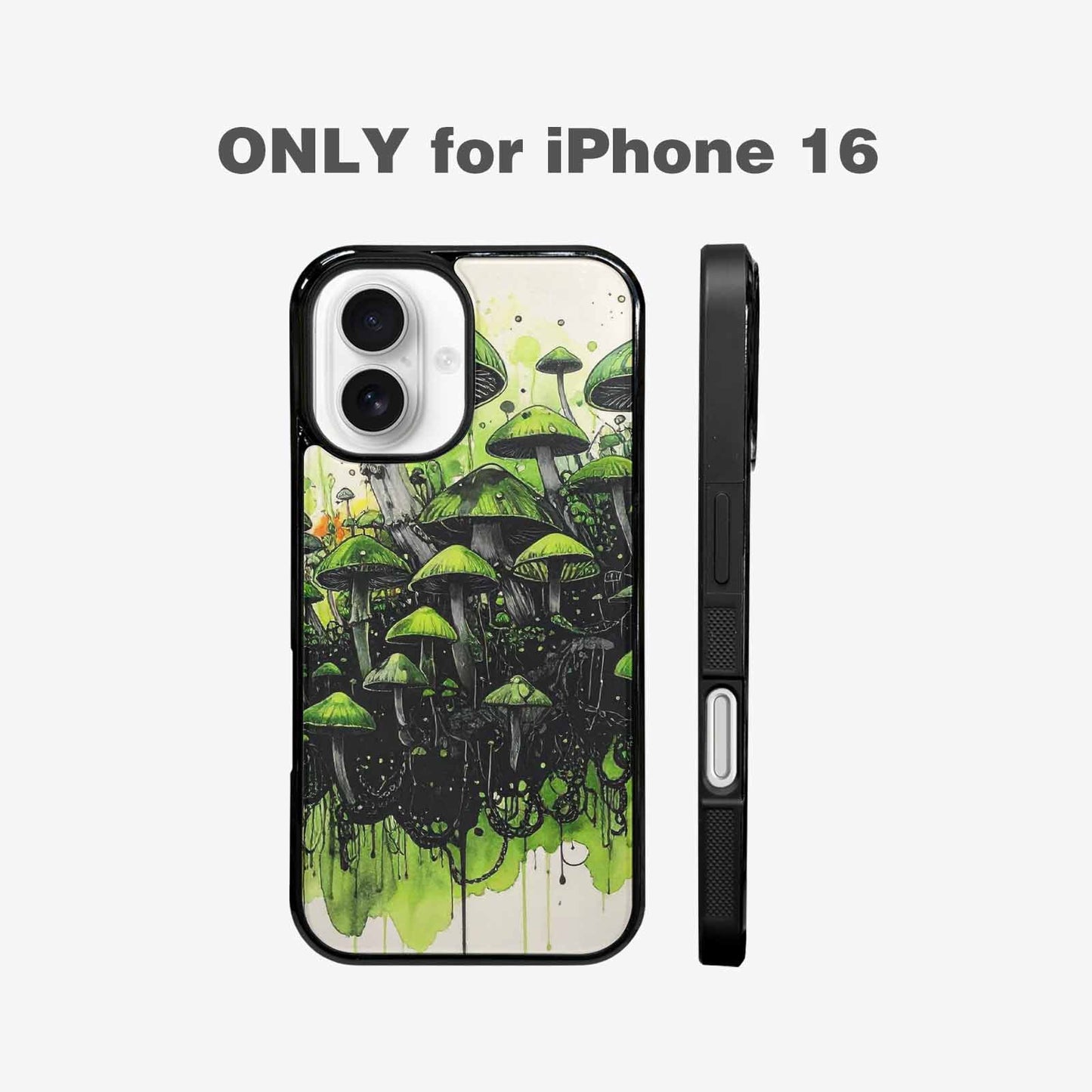 iPhone 16 Case — Rainbow Drip Mushrooms Black Green Ink, Custom Print Case Cover