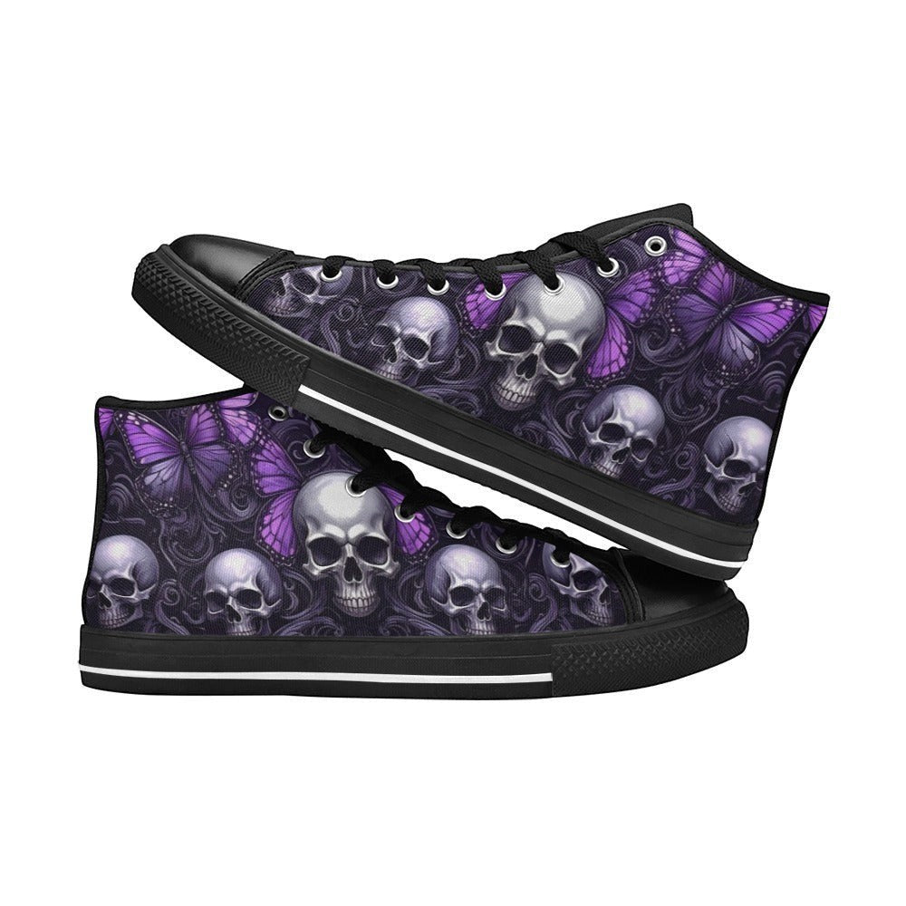 Freaky Shoes® custom art sneakers with purple butterfly skull art, made to order wearable art