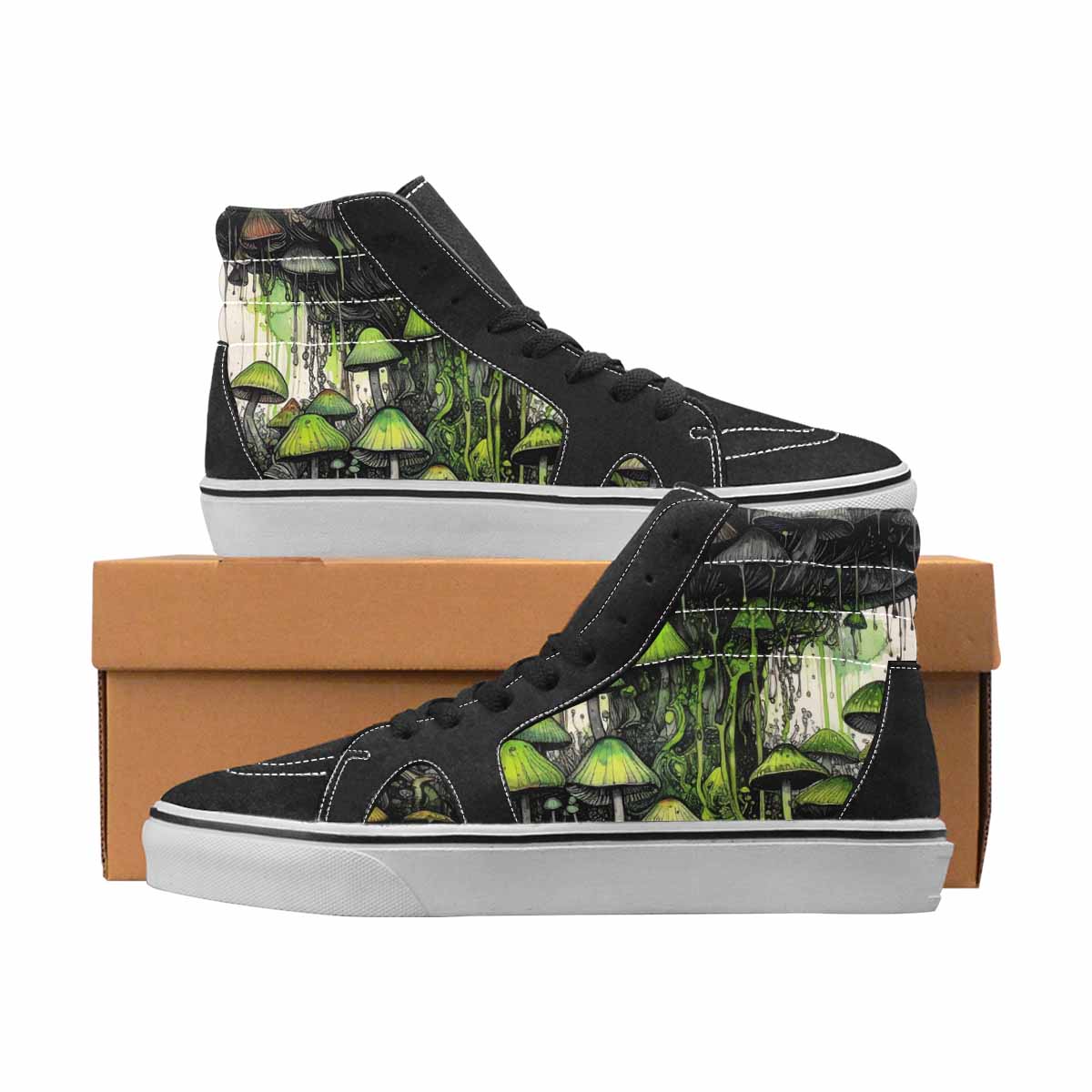 WOMEN'S Mushrooms Black & Green Ink High Top Canvas Statement Aesthetic Customized Sneakers