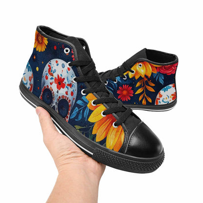 MEN'S Sunflower Skulls Print High Top Canvas Cottagecore Custom Shoes