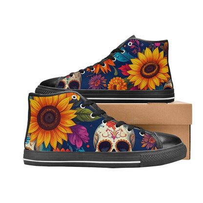 MEN'S Sunflower Skulls Print High Top Canvas Wallpaper Art Custom Shoes
