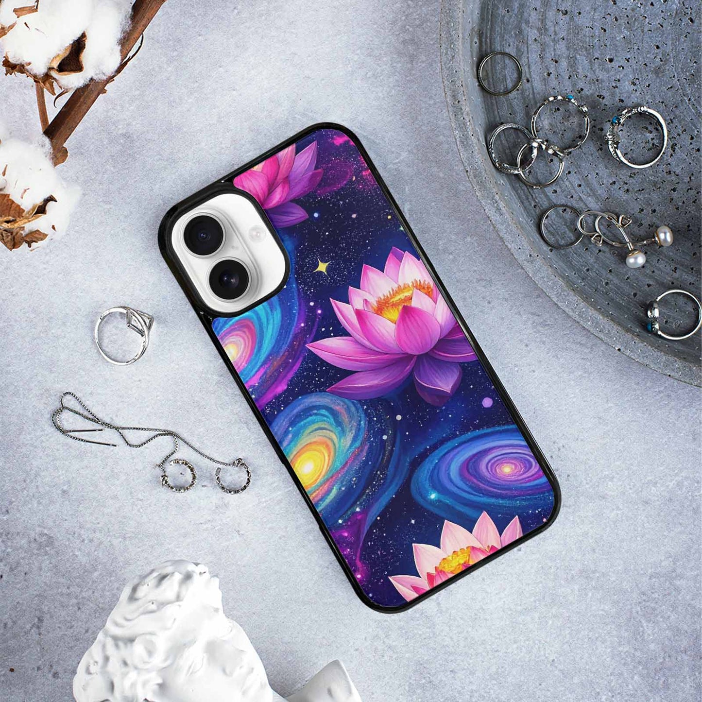 iPhone 16 Plus Case — Lotus Galaxy Art Seamless Pattern Vibrant, Custom Print Case Cover