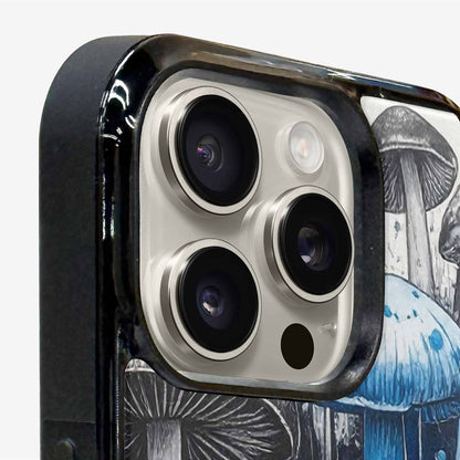 iPhone 15 Pro Max Case — Mushrooms General Black Blue Ink Mushrooms, Personalized Phone Case