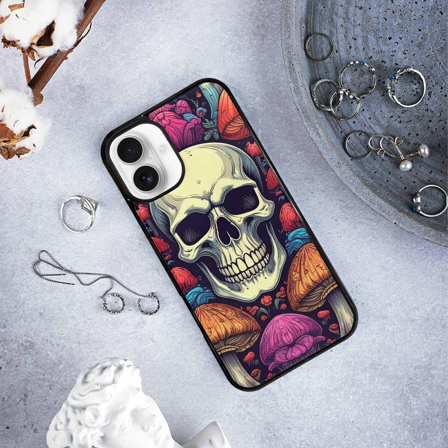 iPhone 16 Plus Case — Mushroom Skull, Customized Protective Case