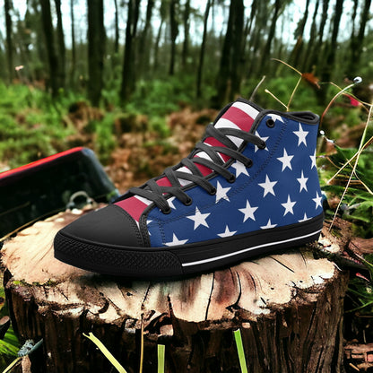 Custom Patriotic USA Flag high-top canvas shoes with bold all-over art — Freaky Shoes